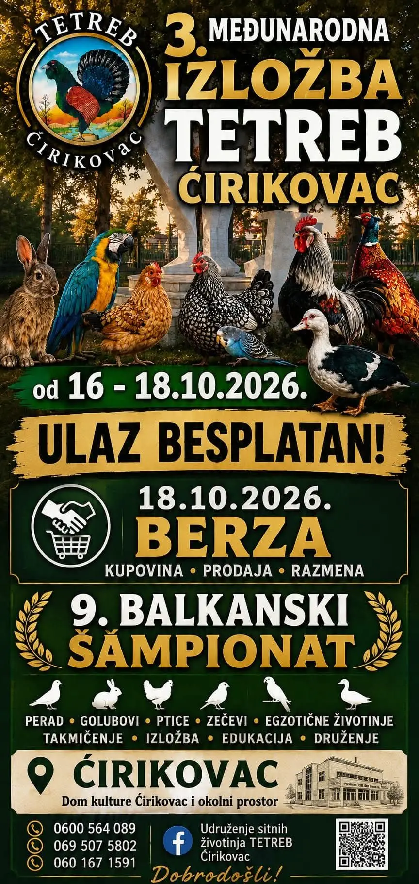 Berza sitnih životinja Ćirikovac – 18. октобар 2026. (Domu kultur)