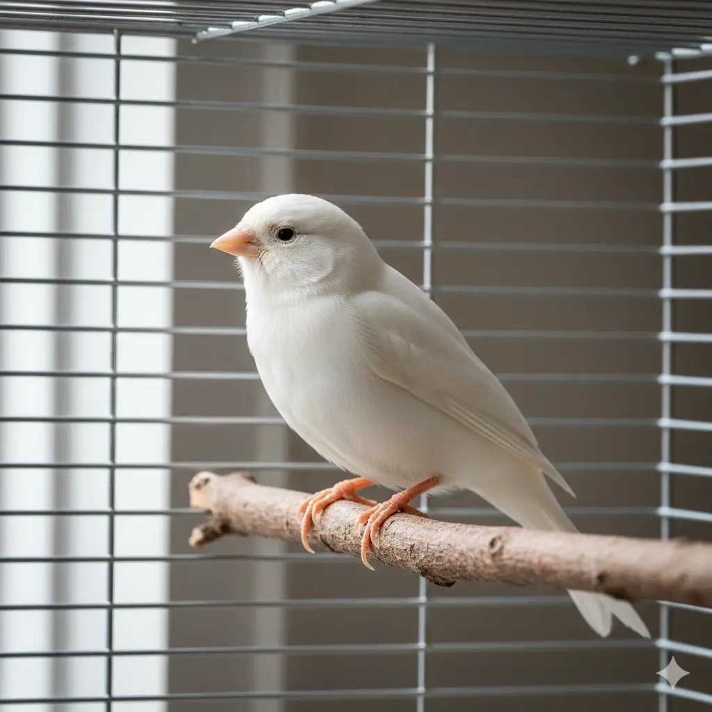 Beli kanarinac pored posude za jutarnje kupanje u čistom i osvetljenom kavezu