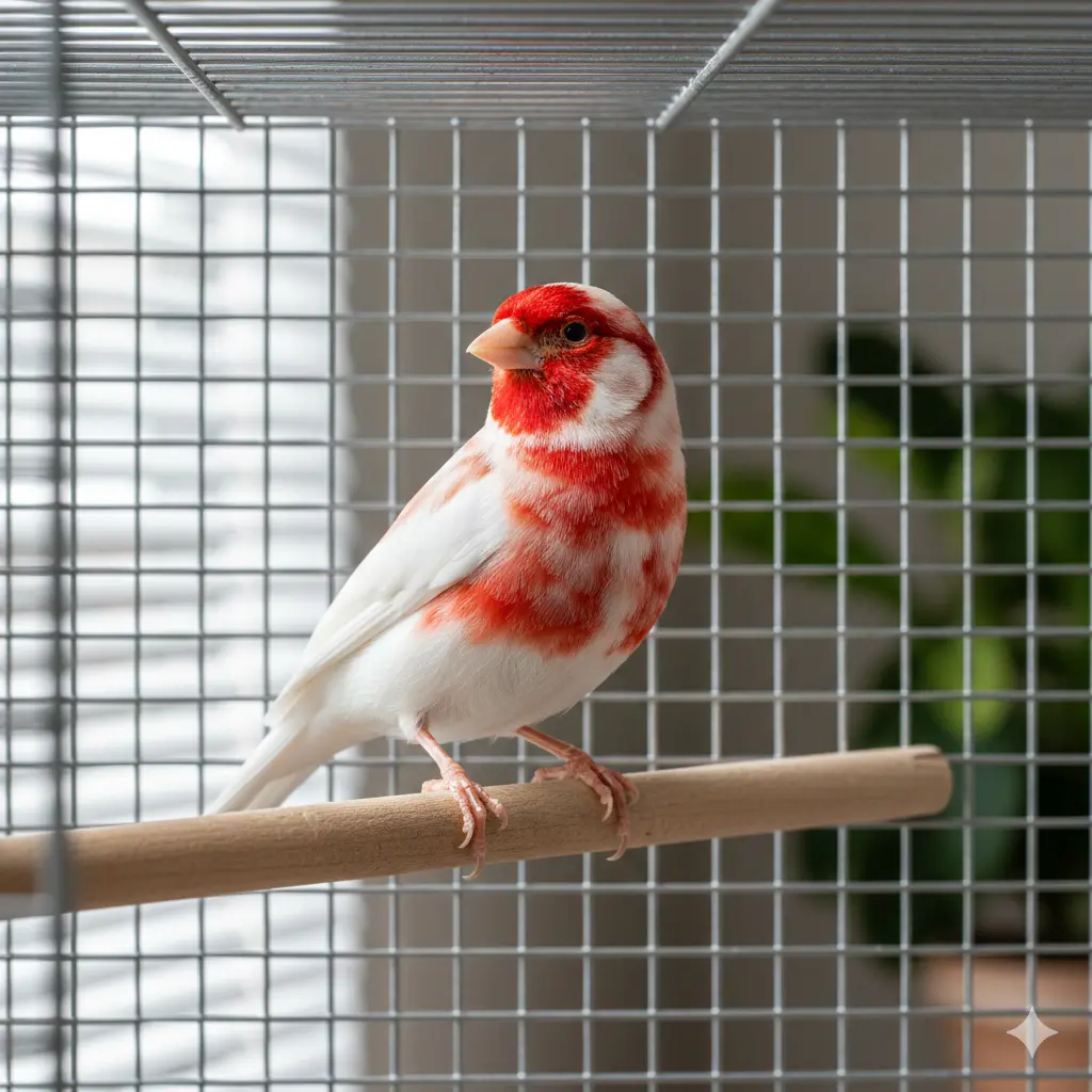Crveno-beli kanarinac tokom perioda mitarenja pokazuje detalje perja i zdravu teksturu