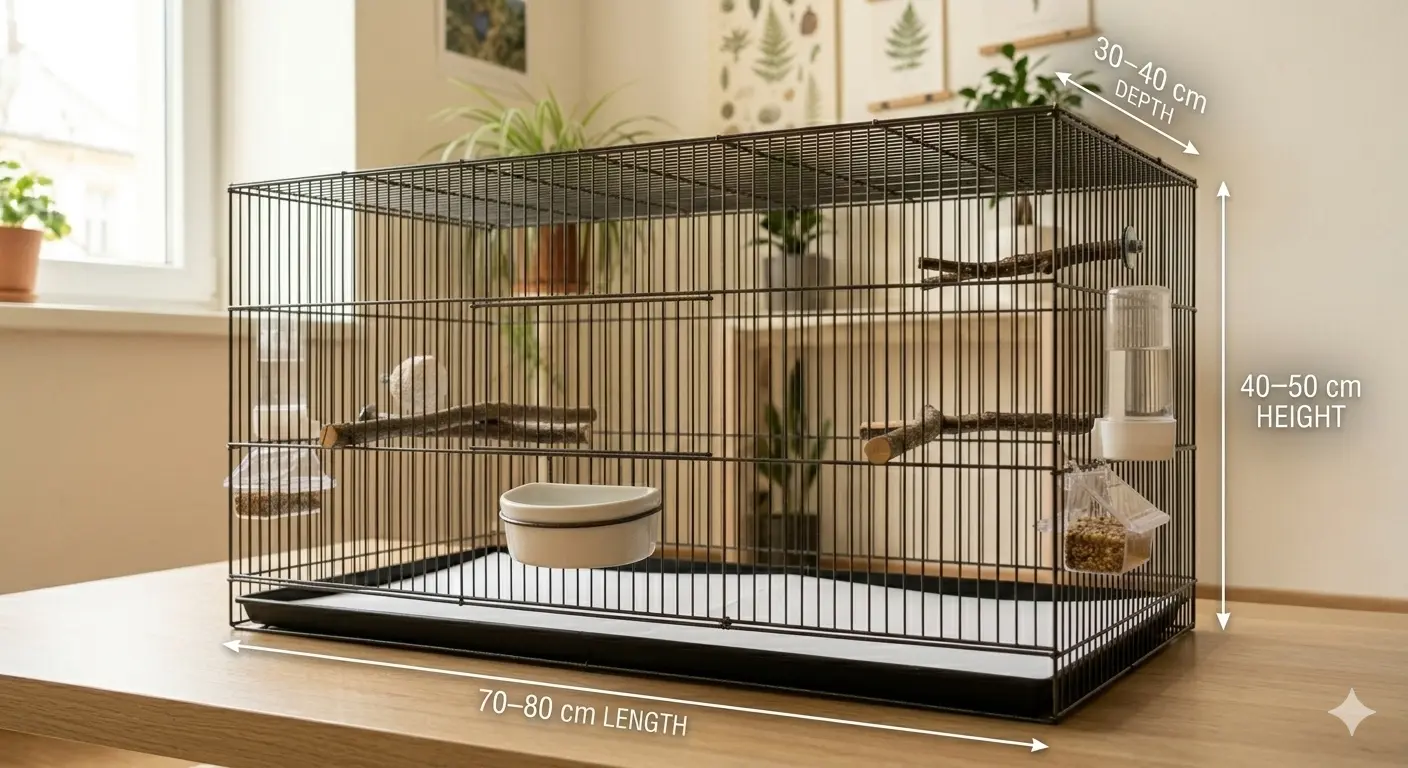 prikaz horizontalnog kaveza za kanarinca sa pravilno raspoređenim prečkama