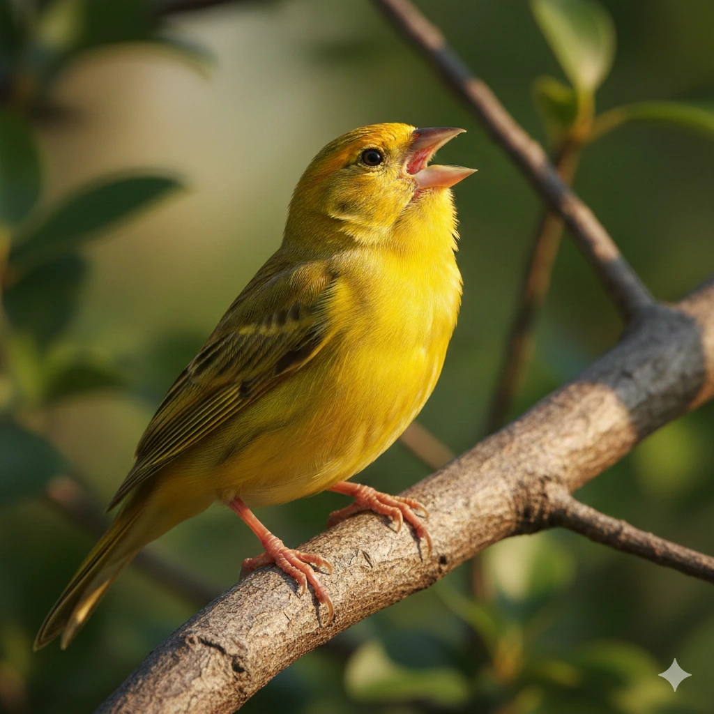 Žuti kanarinac peva punim plućima na grani dok mu grlo vibrira u prirodi - tajna savršene pesme