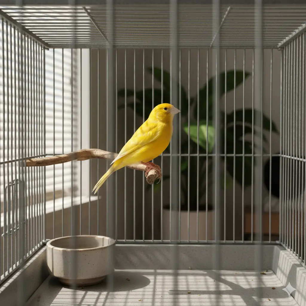 Žuti kanarinac pevač u visini očiju na prirodnoj grani u metalnom kavezu