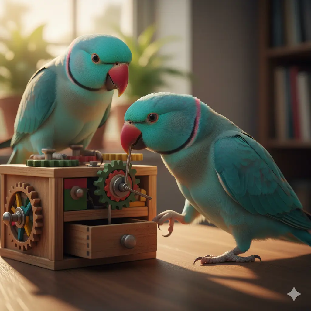 Dva plava papagaja Mali Aleksandar zajedno istražuju i rešavaju mehanizam drvene foraging igračke za mentalnu stimulaciju