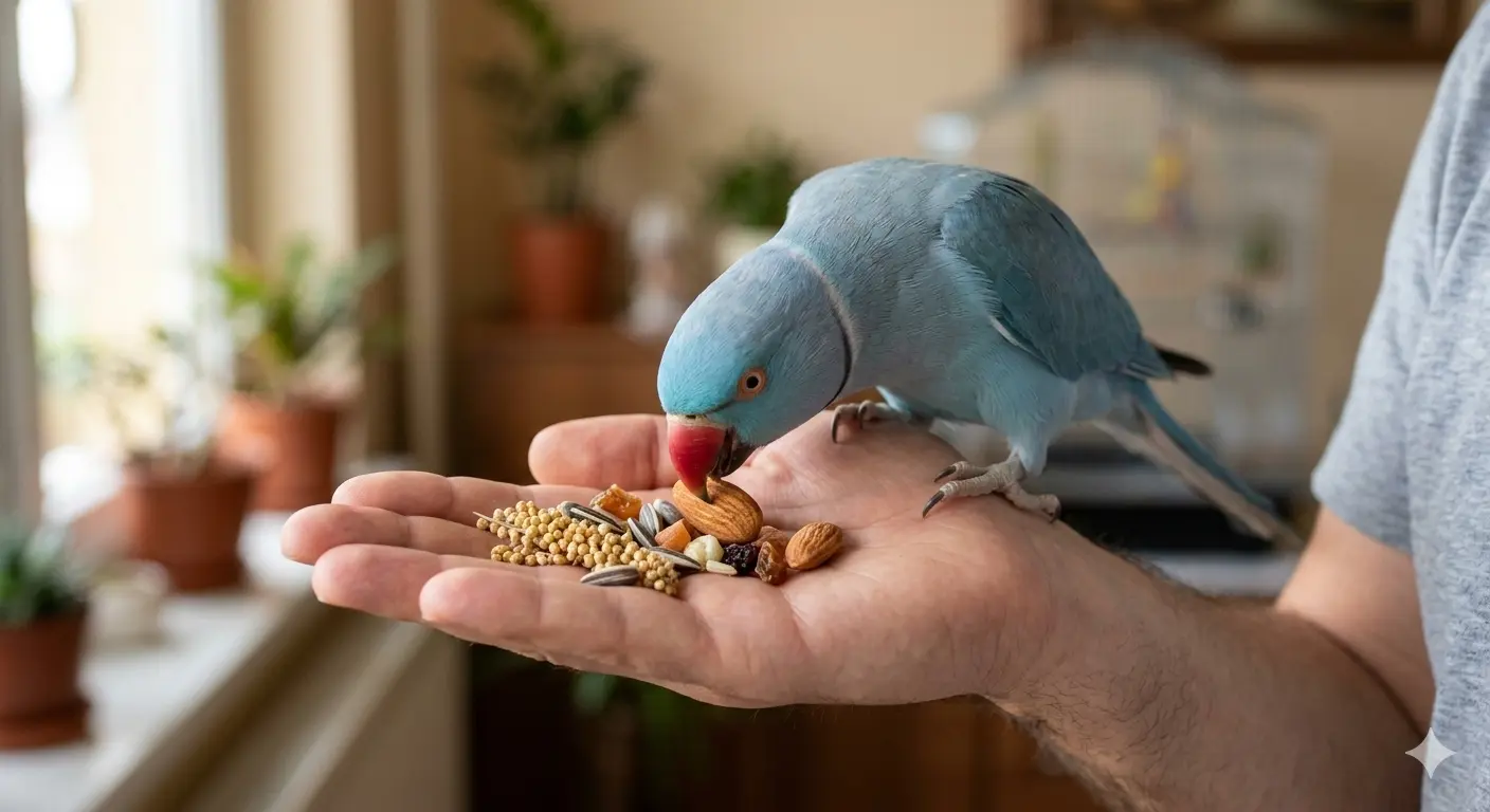 detaljan prikaz dlana sa hranom i malog aleksandra koji prilazi