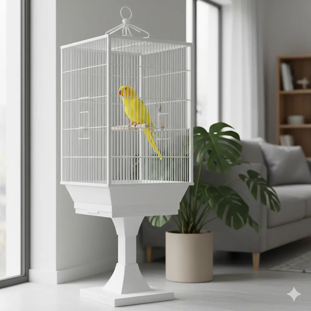 Papagaj Mali Aleksandar pored prozora u dnevnoj sobi gde dopire prirodna svetlost