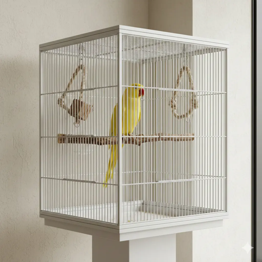 Žuti papagaj Mali Aleksandar u modernom kućnom ambijentu