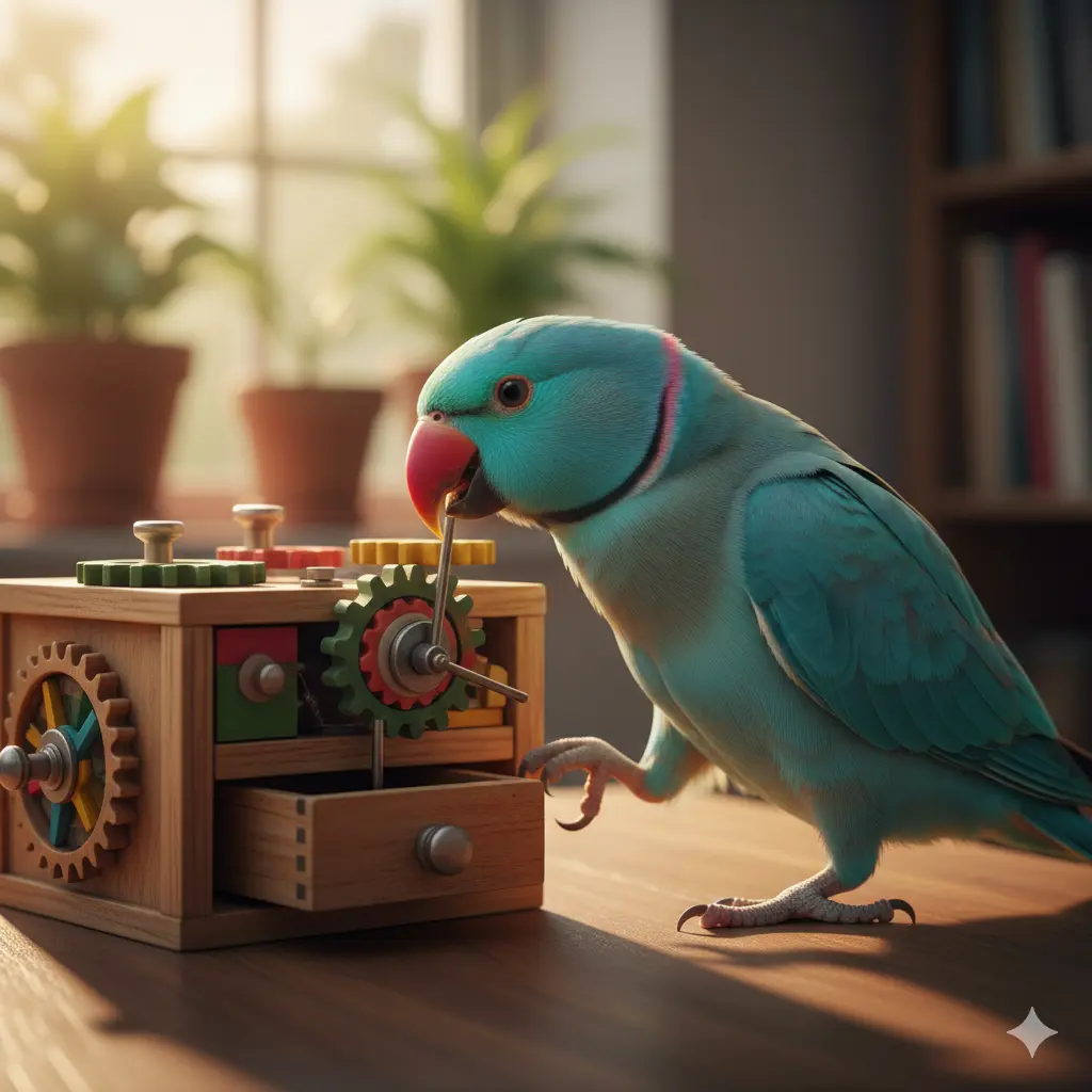 Krupni plan Malog Aleksandra koji inteligentno posmatra mehanizam igračke za foraging