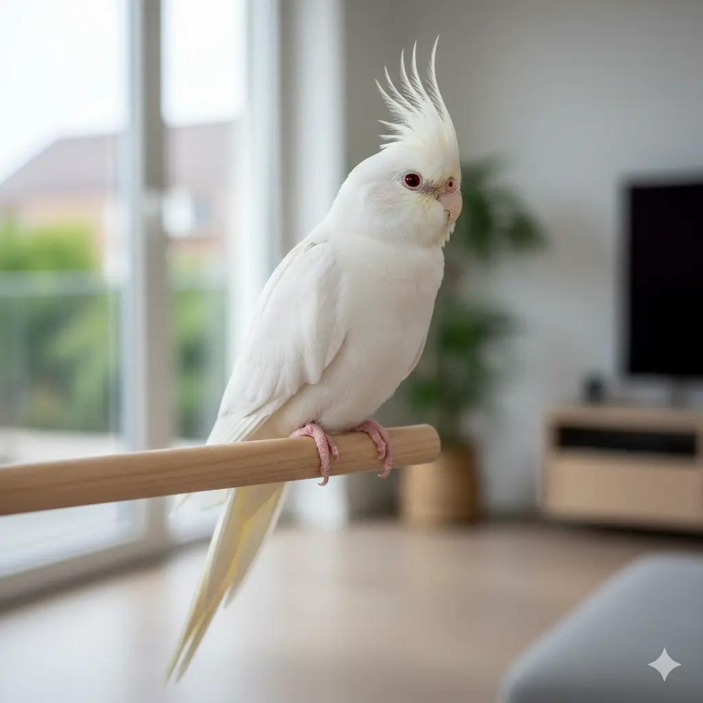 Potpuno bela albino nimfa na stajalici pokazuje opušten položaj kreste i tela