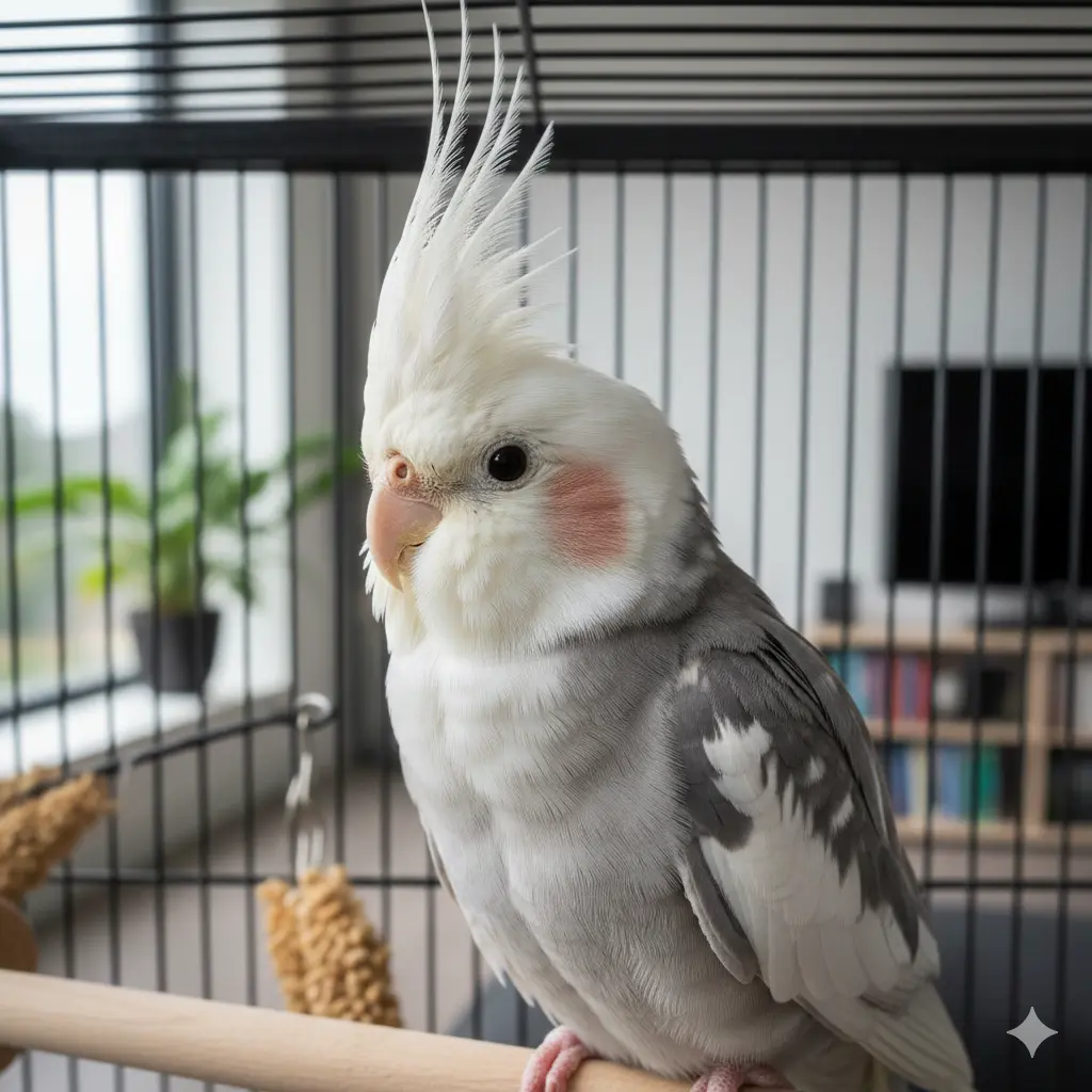 Whiteface siva nimfa sa potpuno belim licem i uspravnom krestom u stanju fokusa