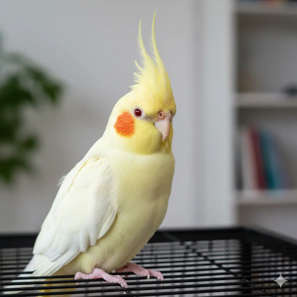 Žuta lutino nimfa na vrhu kaveza sa visoko podignutom krestom i pufnastim obrazima