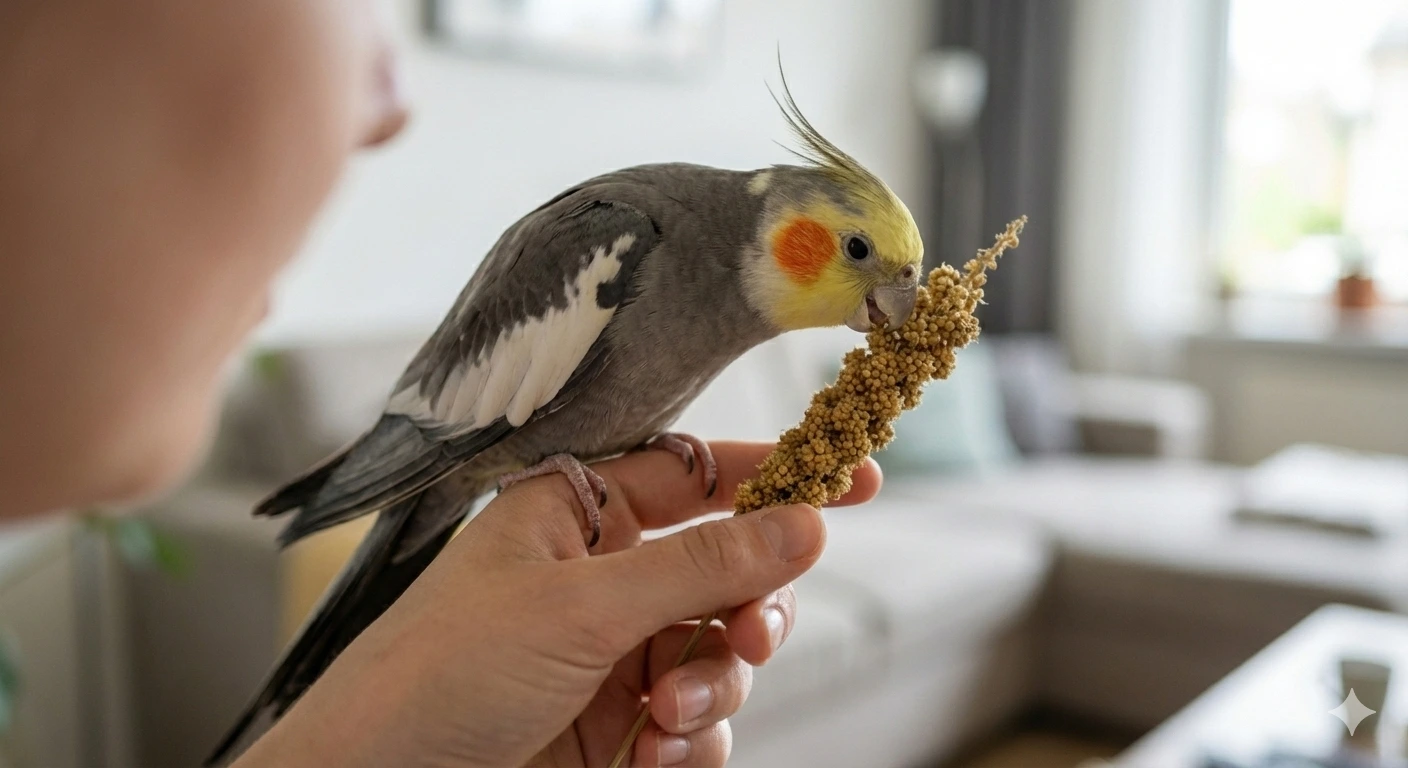 Papagaj Nimfa jede iz ruke