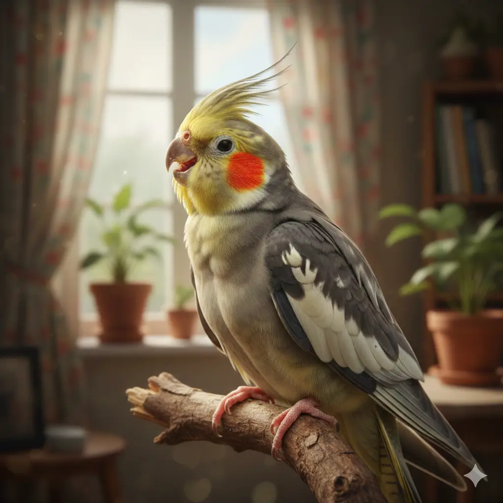 Mužjak papagaja nimfa sa jarko narandžastim obrazima koji uči da priča i zviždi melodije