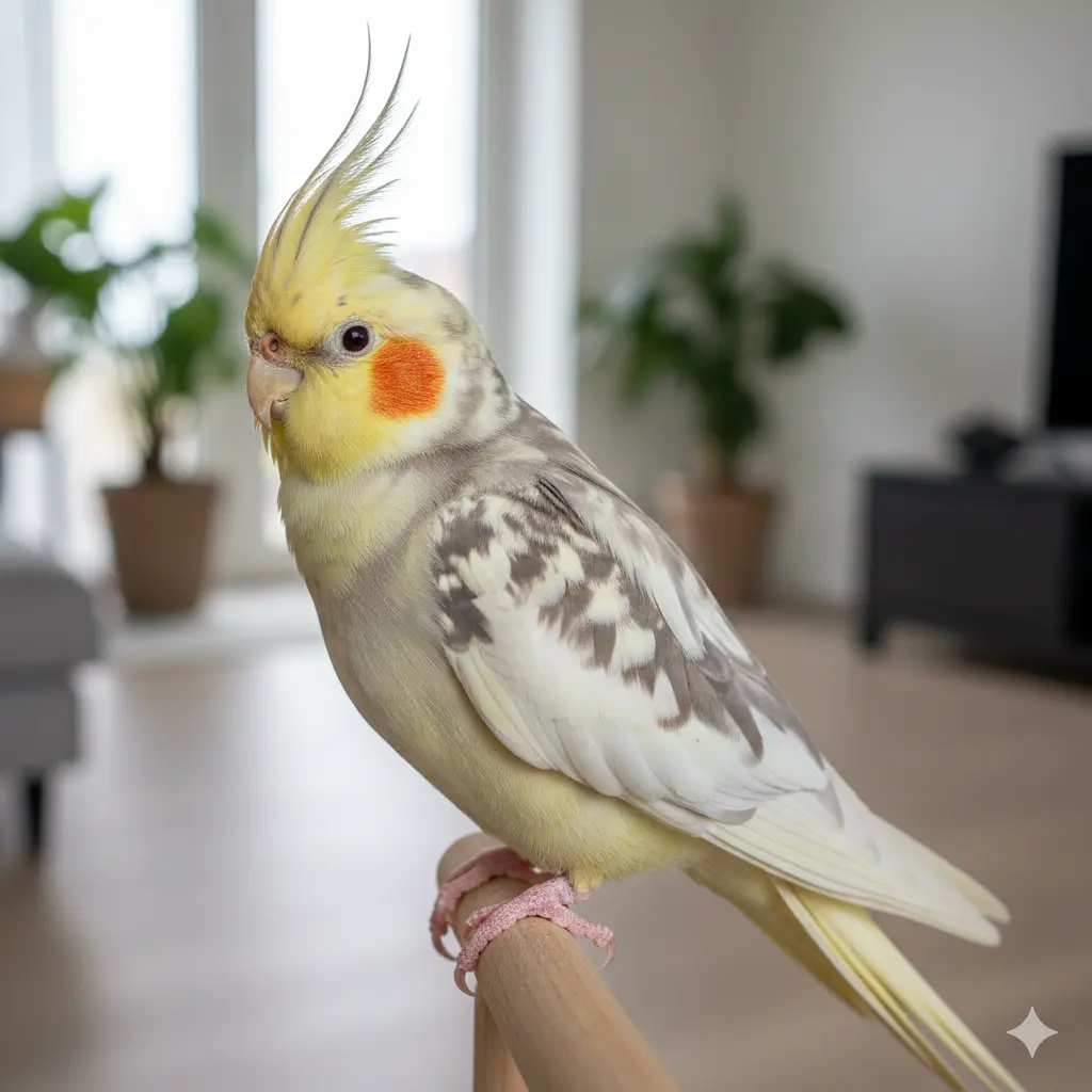 Šarena pied nimfa na drvenoj stajalici sa blago podignutom krestom u zen fazi