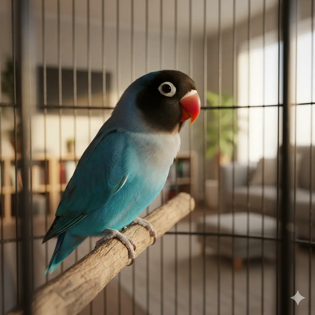 Personata papagaj (Masked Lovebird) sa karakterističnom crnom maskom u kavezu