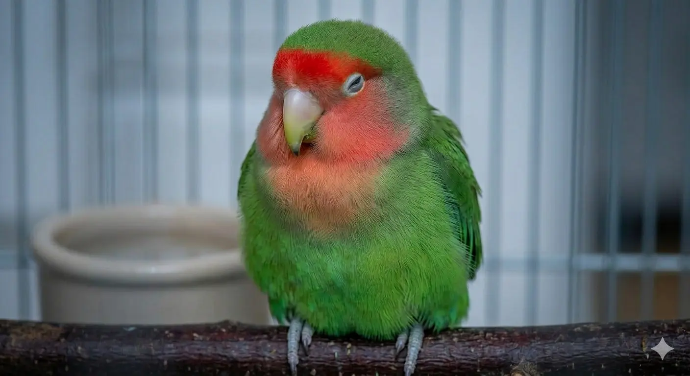 Rozenkolis sa znacima letargije, naduvenim perjem i zelenim izmetom oko kloake, što ukazuje na Psitakozu ili problem sa jetrom