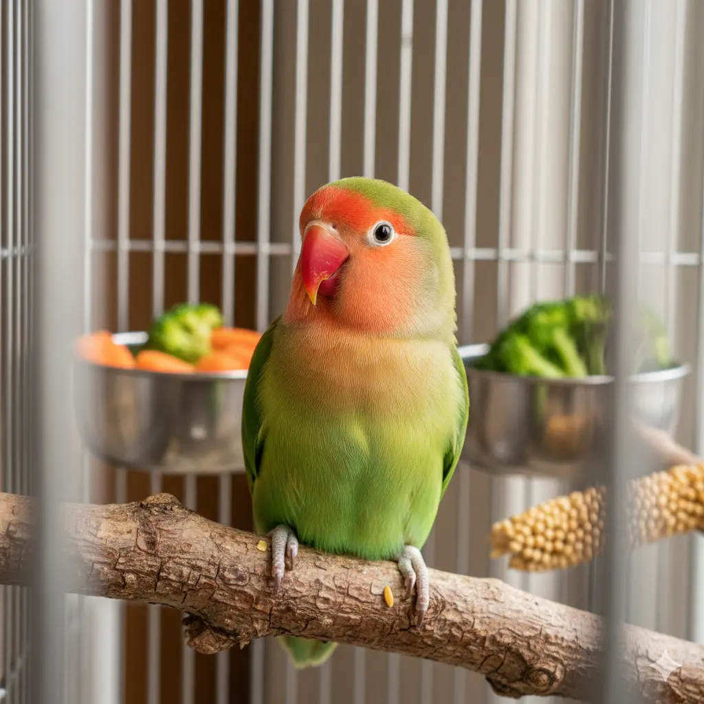 Par rozenkolisa lovebirds kako se maze na prečki u volijeri