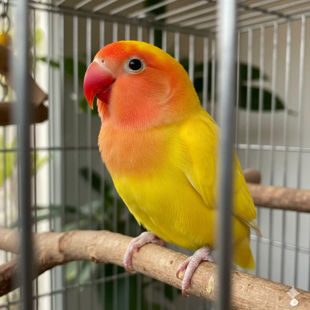 Rozenkolis papagaj u kavezu stoji na prirodnoj grani drveta