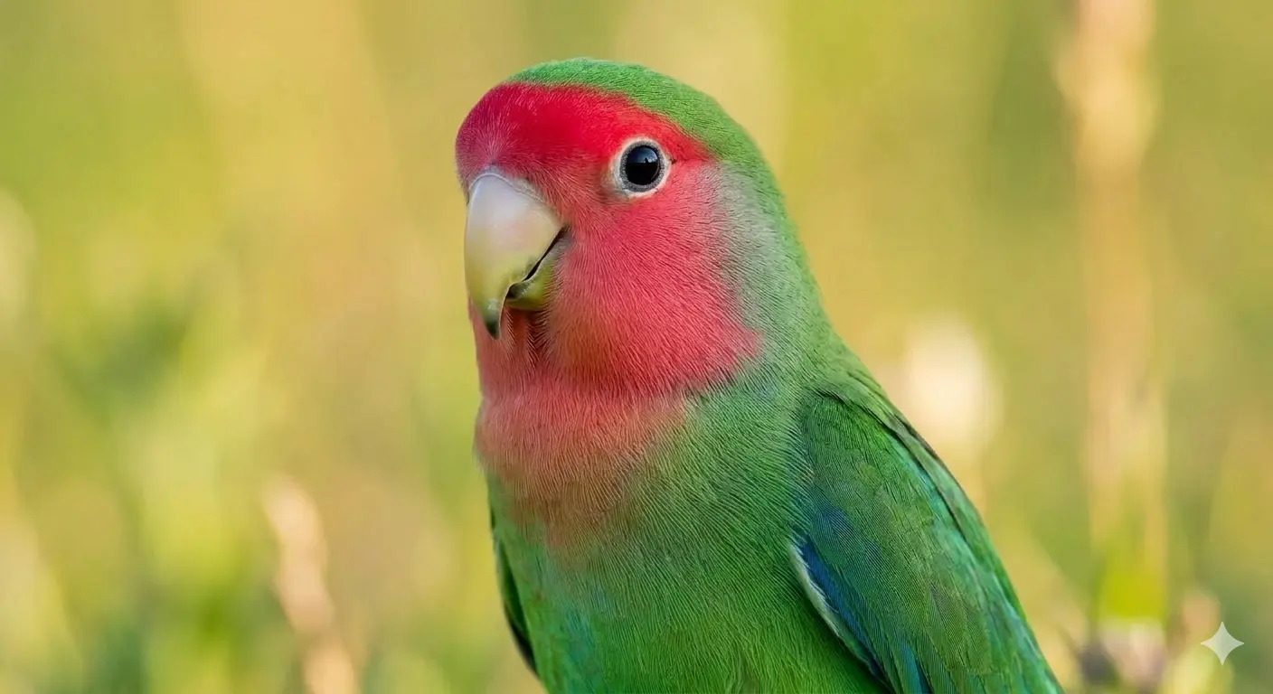 Krupni plan zdravog Rozenkolisa sa jarko crvenom maskom i bistrim očima, koji ukazuje na vrhunsku kondiciju