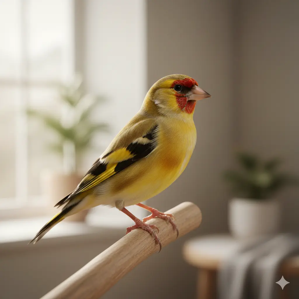Bastard štiglića i kanarinca na drvenoj prečki