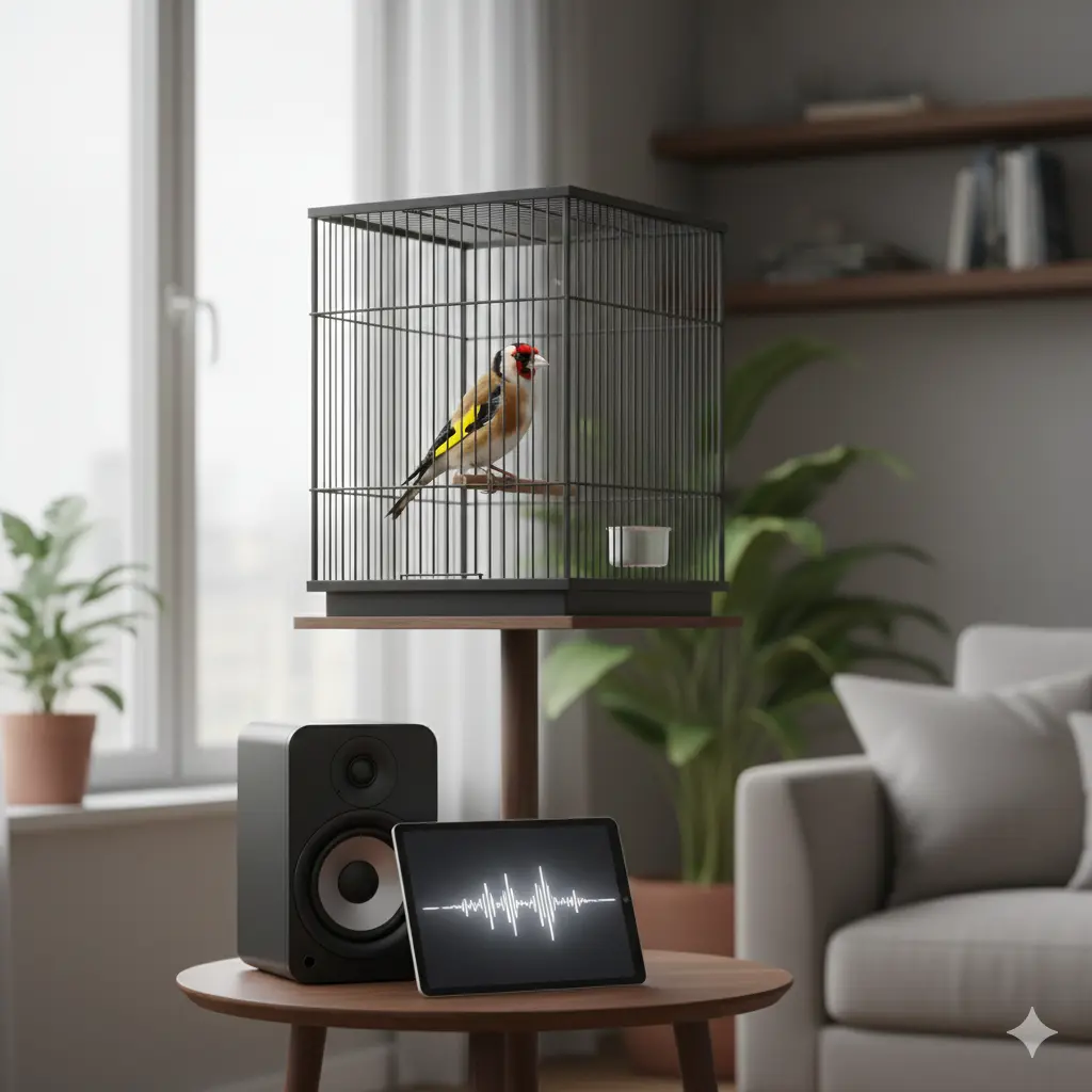 Audio oprema pored kaveza sa štiglićem, ilustracija moderne dresure