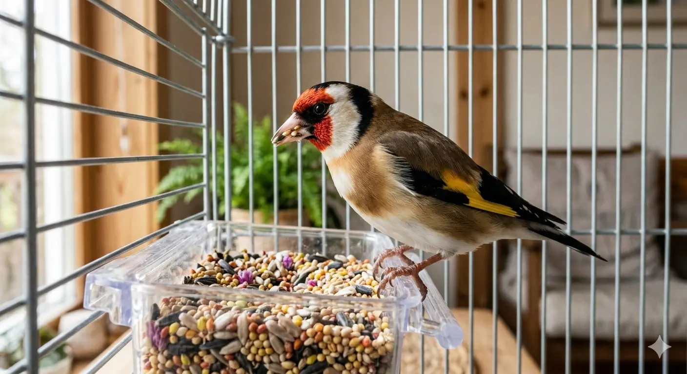 štiglić jede mešavinu semena iz hranilice u kavezu