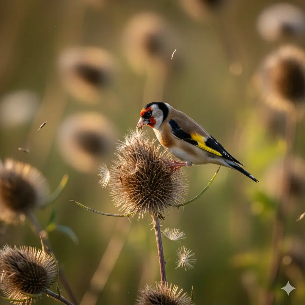 Štiglić jede seme čička u prirodi što je njegova osnovna hrana