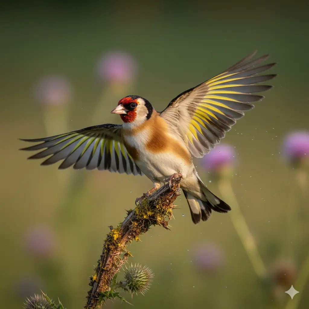 Štiglić rraširenih krila u prirodi