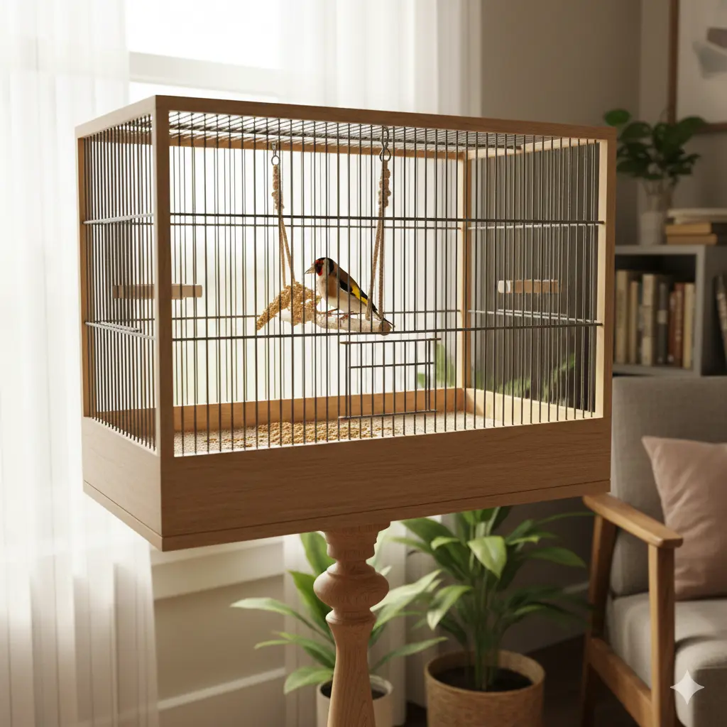 Štiglić u prostranom kavezu u kući