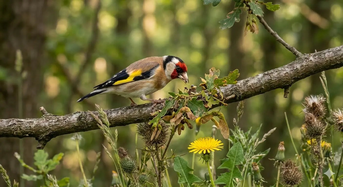 štiglić u prirodnom staništu na grani tokom potrage za hranom