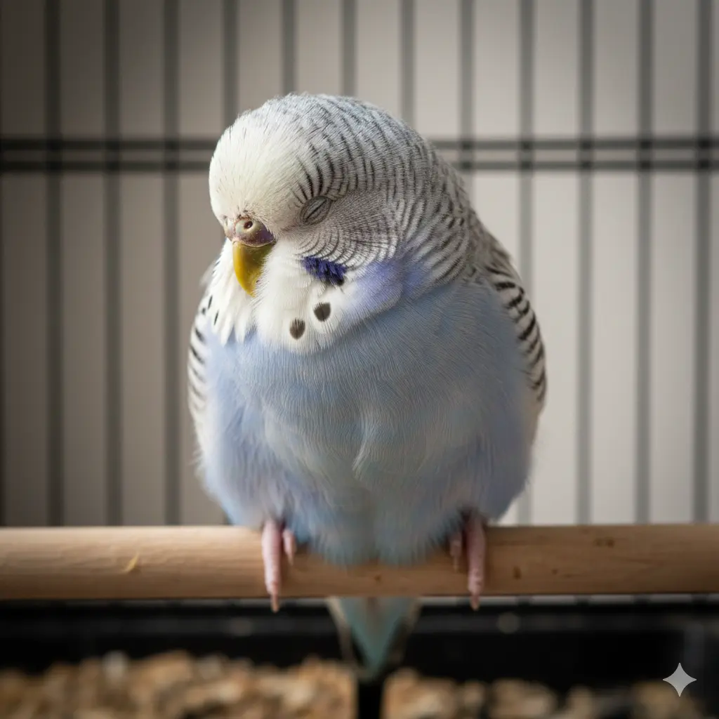 Bolesna tigrica sa nafurenim perjem i zatvorenim očima kao znak groznice i infekcije.