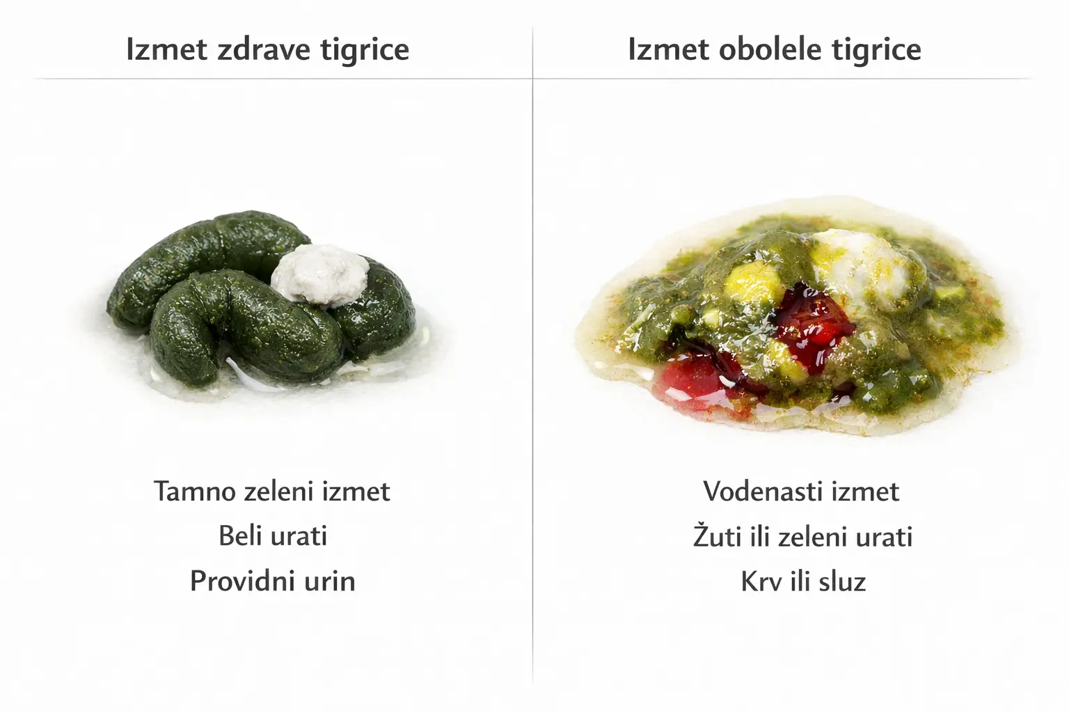 Dijagram zdravog izmeta tigrice koji prikazuje tamnozeleni feces, bele urate i providni urin.