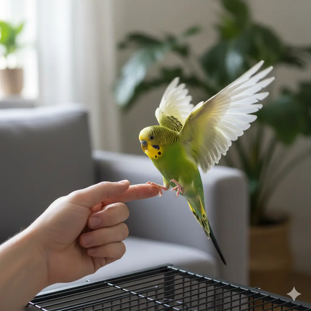 Papagaj tigrica zelena slece na prst