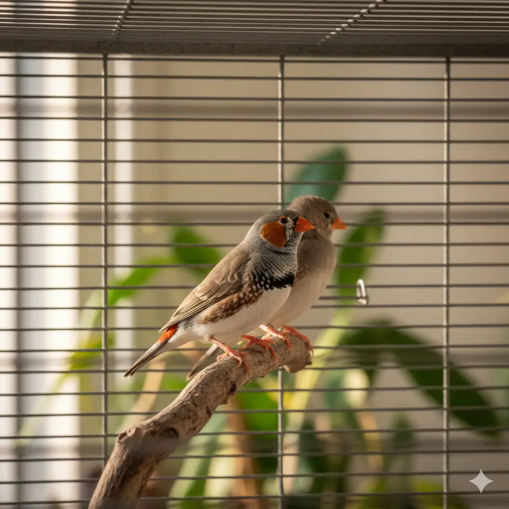 Mužjak i ženka zebice u horizontalnom kavezu sa drvenim prečkama