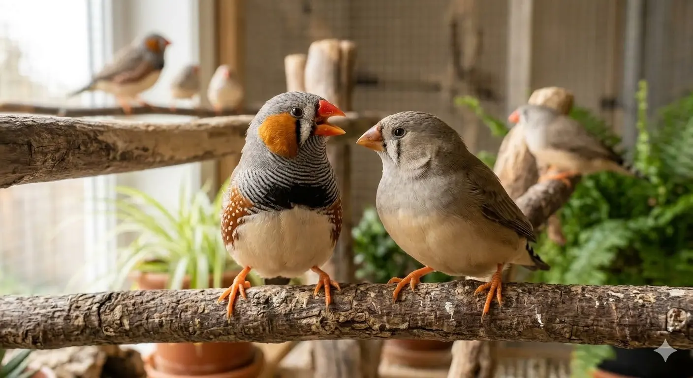 krupni kadar dva mužjaka zebice koji uče pesmu, stariji mužjak peva