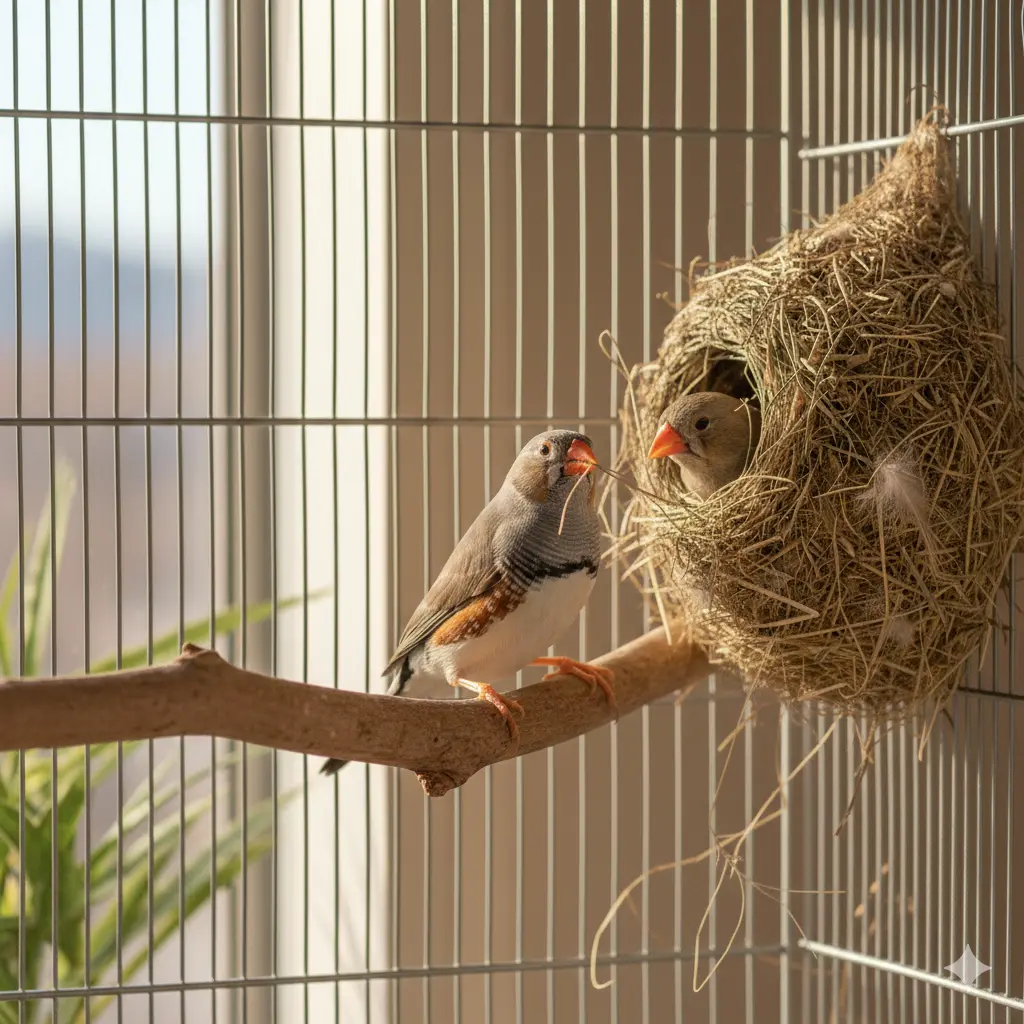 Zebica sakuplja materijal za pravljenje gnezda u unutrašnjosti kaveza