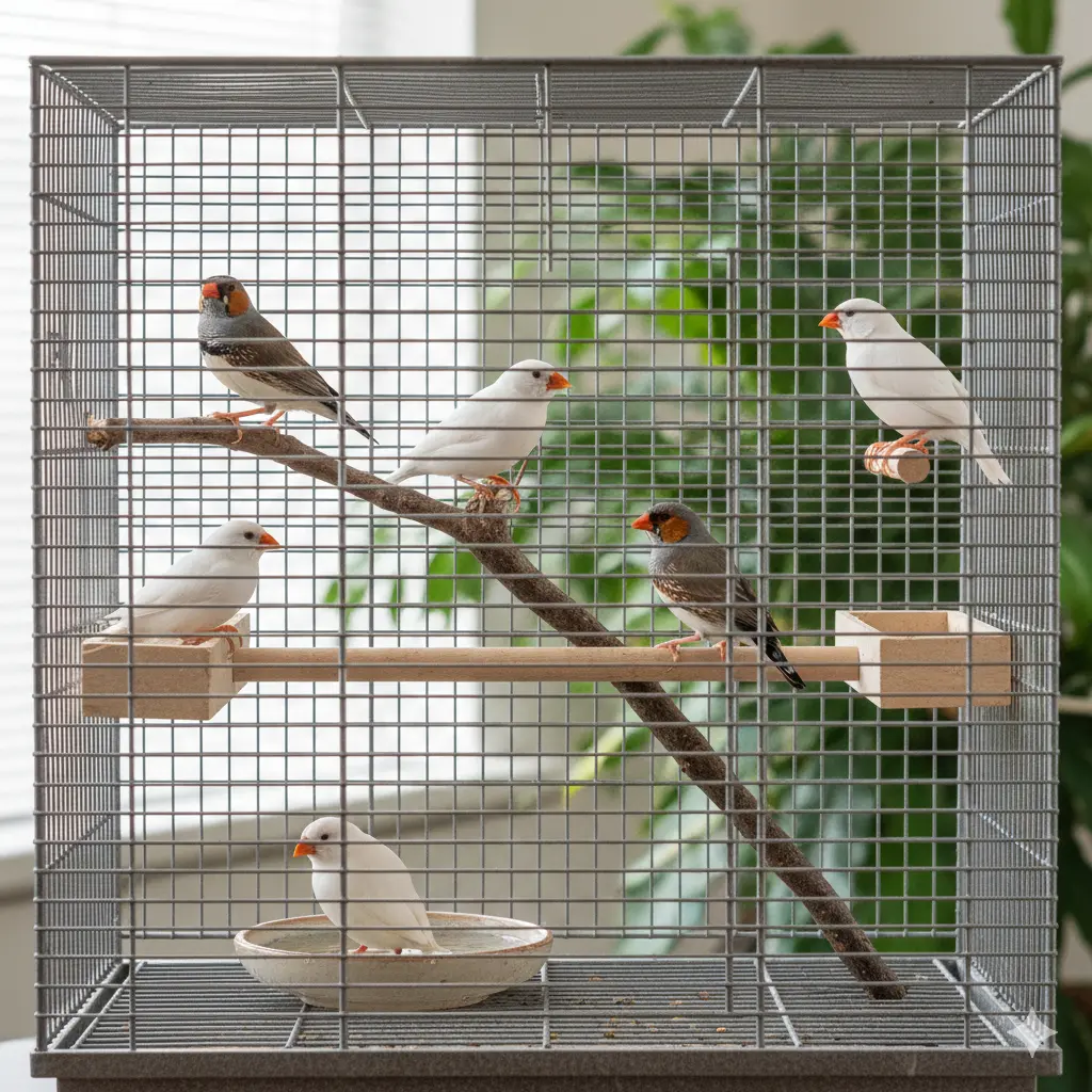 Grupa šarenih zebica na okupu pokazuje ponašanje jata u kućnim uslovima